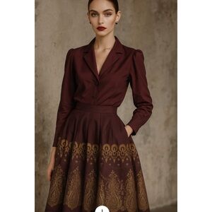 Anthropologie Odille Silk Blend Drop Waist Lace Trim Brown Gold Mod Midi Skirt 2